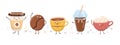 Set of cute coffee characters in trendy kawaii style.
